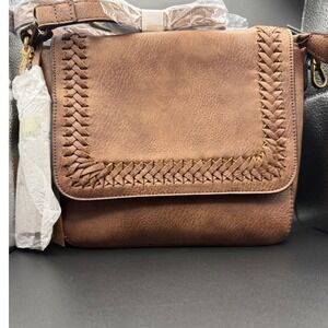 Ampere Creations Vegan Leather Crossbody Bag Brown Braided Flap Adjustable Strap